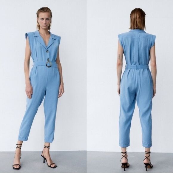 Zara Belted Jumpsuit in Blue Size Large Sleeveless - Picture 1 of 11